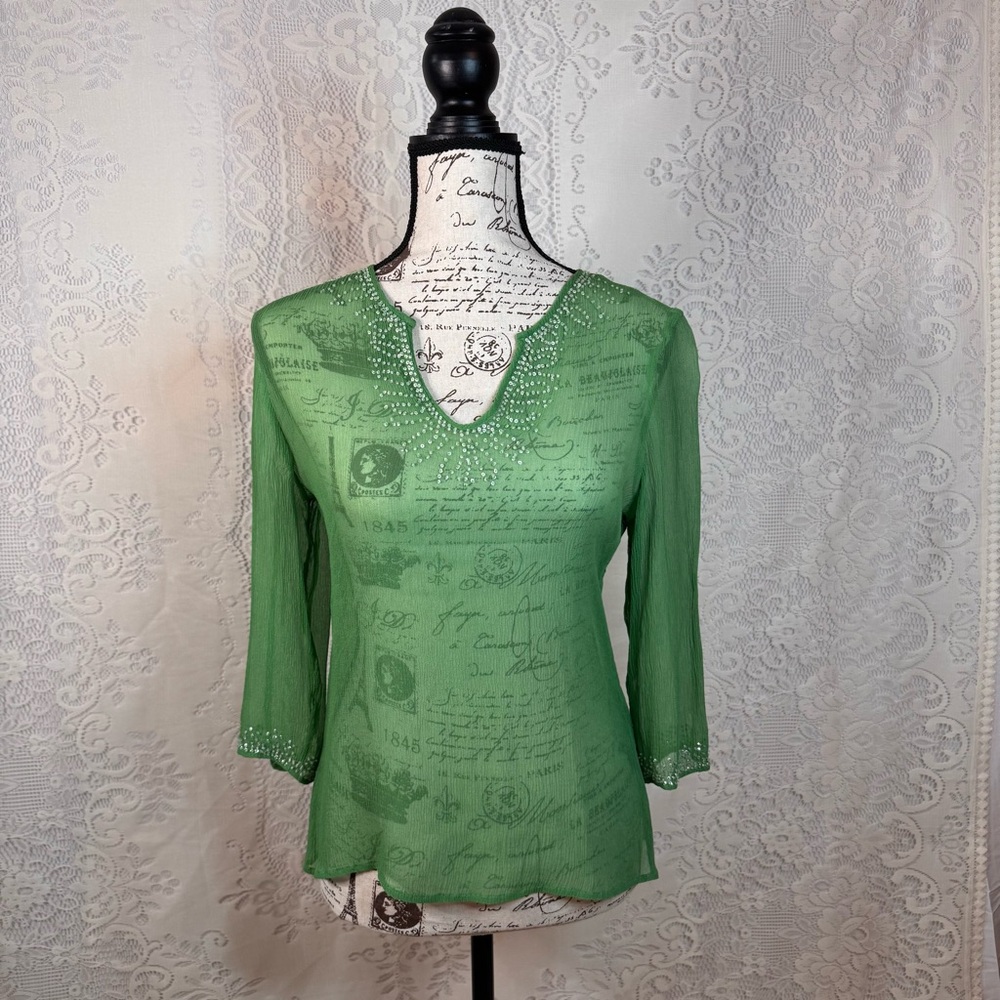 Tracy M Green Petite Green Silk tunic Blouse with Embellished Neckline